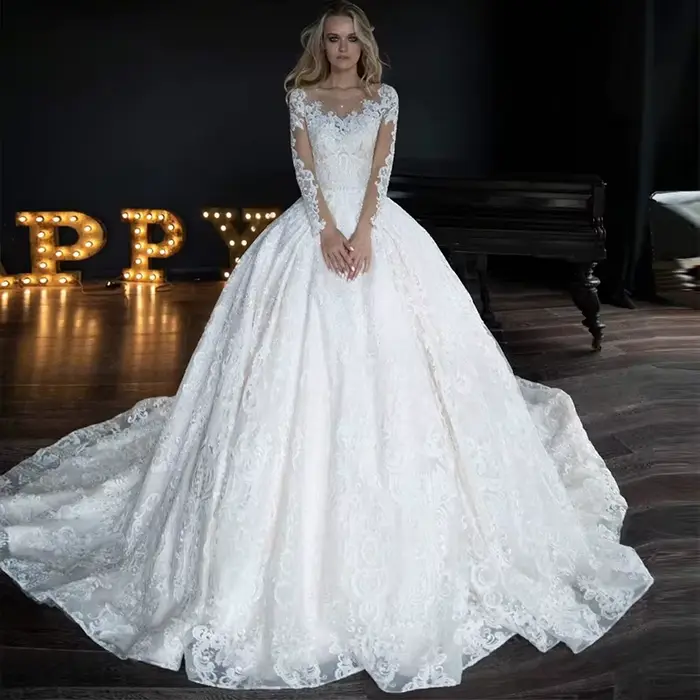 Robe De mariée à paillettes, dentelle brodée sur filet avec Robe De bal, manches longues, col rond, 