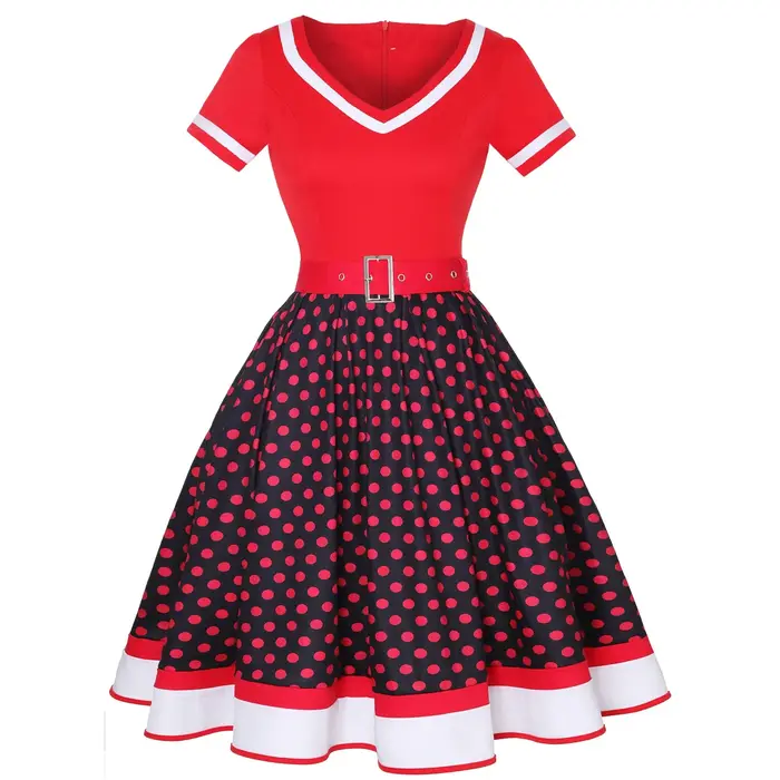 Robe Vintage des Années 50 et 60 en Coton Polyester Élégante avec Imprimé à Pois et Ceinture pour Femmes Occasions Spéciales
