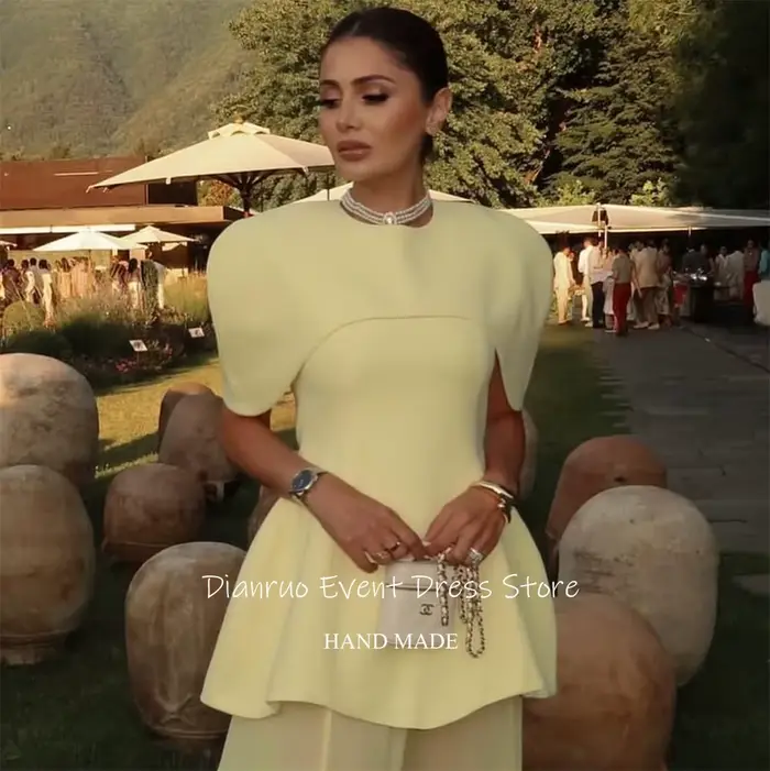 Dianruo jaune pâle une ligne robes De Soirée fente latérale col rond Robe
