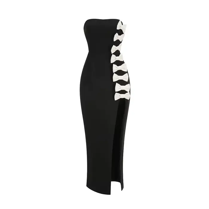 Robes de soirée chics noires sans bretelles avec détail de nœud blanc – Robe de soirée de luxe à fen