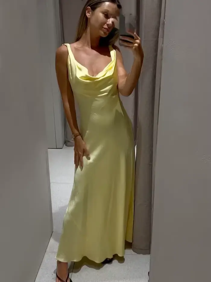 HH femmes solide vacances Style Satin Texture dos nu col en v robe mi-longue été femme élégante Sexy à lacets