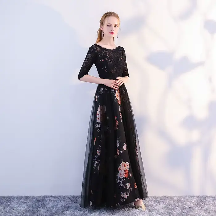 Robe de soirée élégante en dentelle imprimée floral pour femmes grandes tailles occasions spéciales soirée officielle noire sans manches