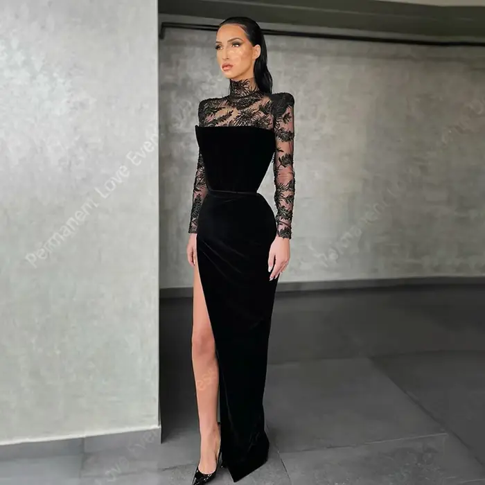 Robe De soirée élégante noire pour femmes, classique, moderne, col haut, robes De bal en dentelle, m