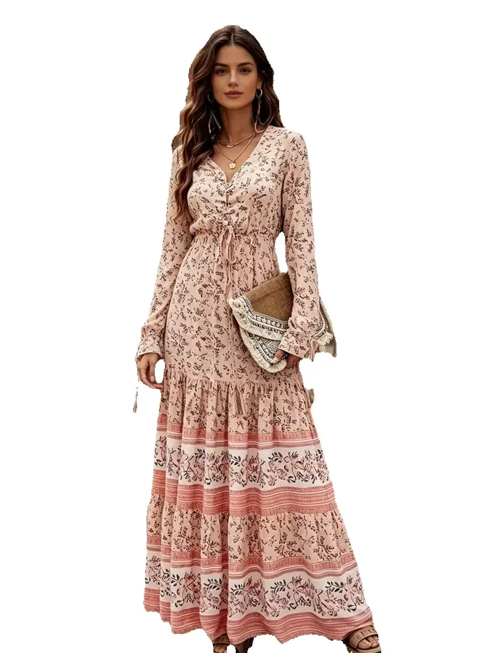 Robe longue à col en V de style bohème
