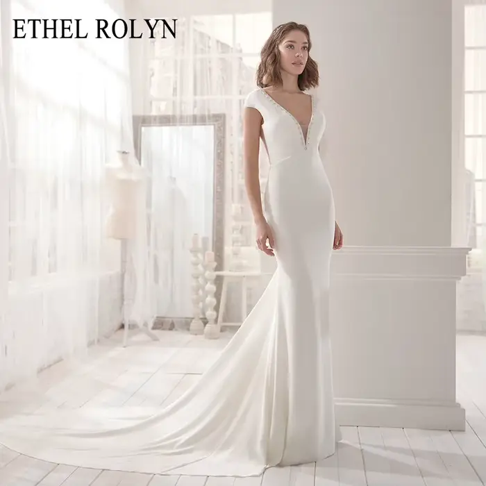 ETHEL ROLYN robe De mariée sirène élégante dos nu Satin perlé cristal col en v manches courtes robes