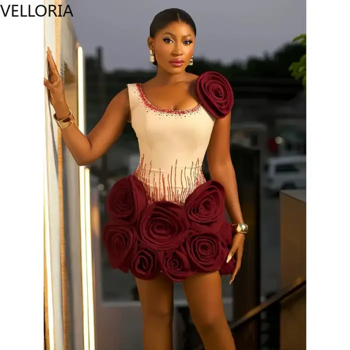 Robe de cocktail perlée bordeaux 3D Rose