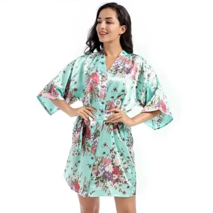 Jonquille-Robe Kimono à Fleurs en Satin Soyeux pour Femme