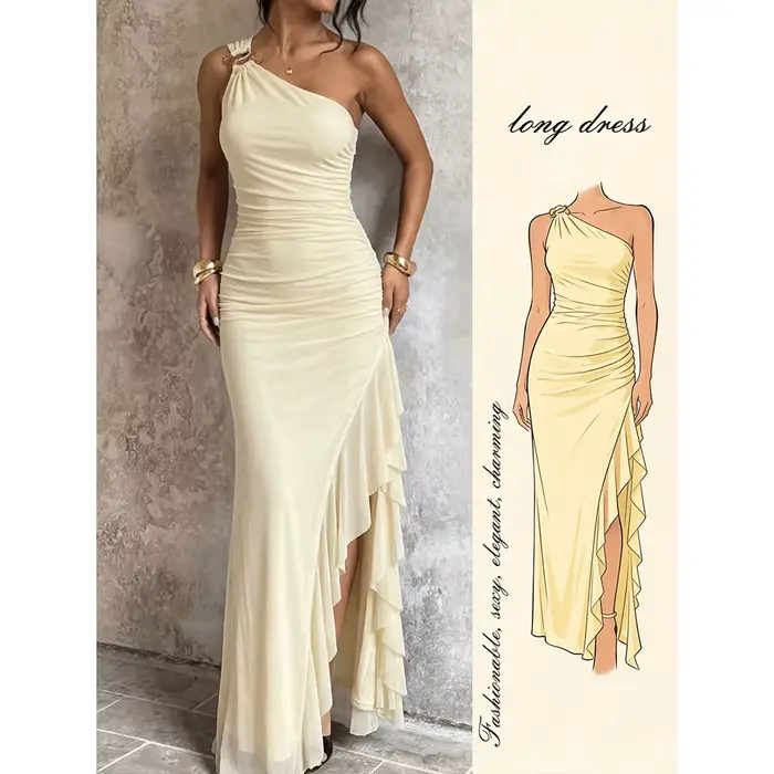 Robe longue asymétrique style urbain pour femme, à une épaule, printemps-été, avec volants et fente,