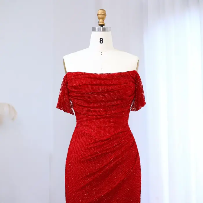 Mila rouge hors de l'épaule colonne robes de soirée paillettes côté haute fente