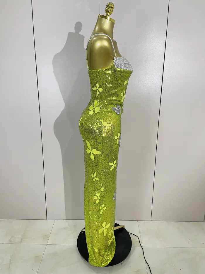 Élégant brillant papillon cristal Sexy licou vert moulante longue robe femmes célébrer soirée fête d