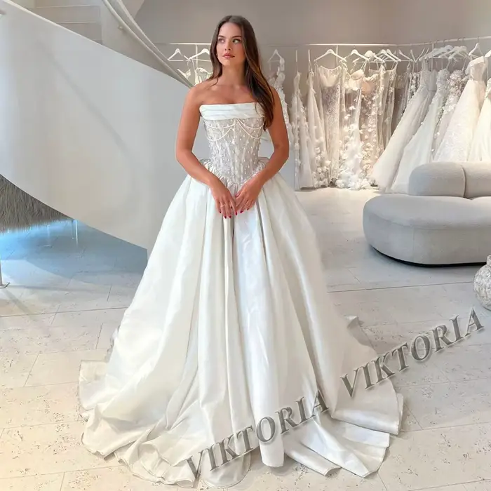 VIKTORIA – robe De mariée princesse délicate en Satin, ligne a, perles, sans bretelles, laçage, sur 