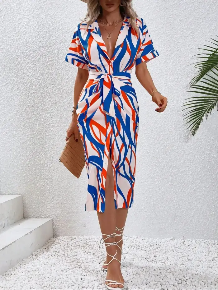 Robe chemise midi imprimée pour femme, style vacances à la française, col en V, cintrée à la taille, avec fente amincissante.