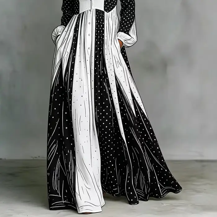 Robe longue plissée à pois noirs et blancs pour femme