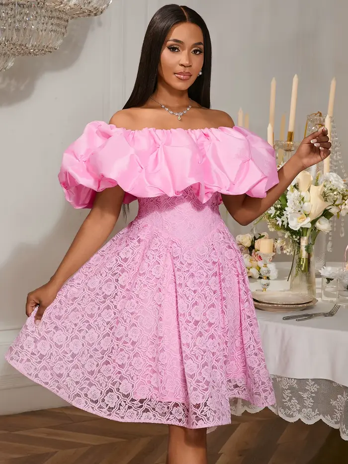 Robe rose à épaules dénudées, manches bouffantes à volants, taille haute, ligne A, dentelle florale,