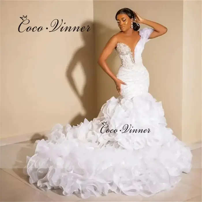 Robe de mariée sirène personnalisée avec traîne à volants, à la mode, Sexy, col en V, asymétrique ép