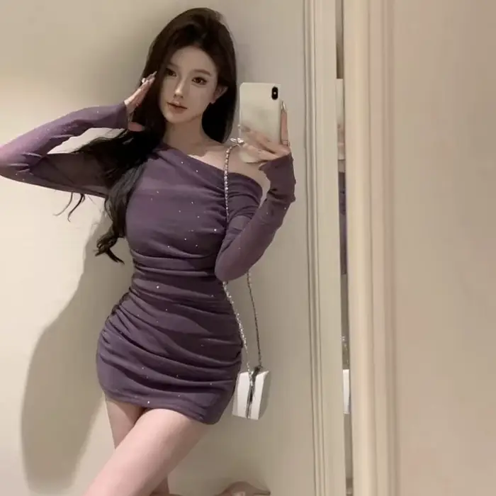 Robe en maille à manches sulfpour femme, tenue sensuelle, sexy, serrée, avec corset, harajuku, décontractée, jeune, esthétique, x, polyester, paillettes, gaine, cou fendu, automne-hiver