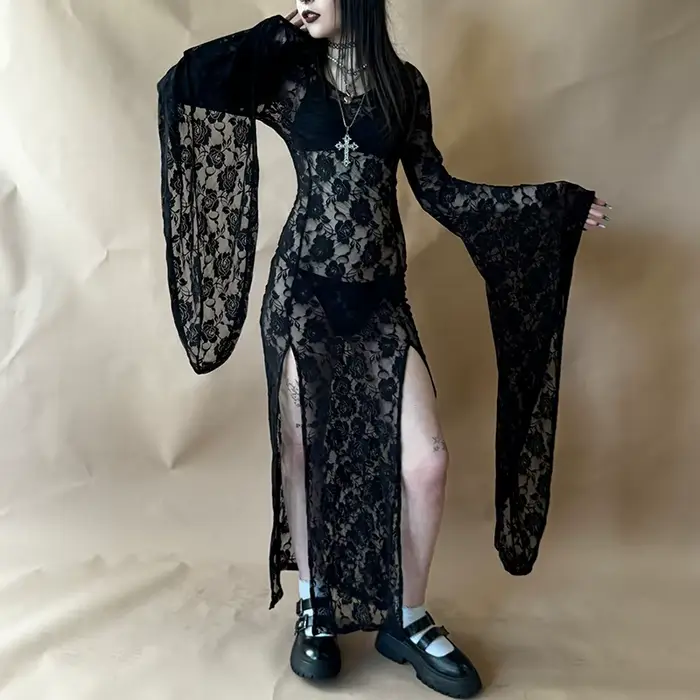 Robe moulante femme style Goth Punk avec dentelle et col en V coupe crayon en polyester et élasthanne pour été