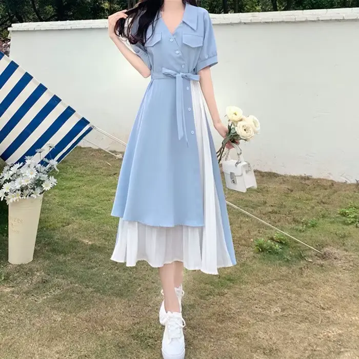 Robe midi femme été style français taille haute manches courtes coupe longue confortable décontractée pour le quotidien polyvalente occassions spéciales