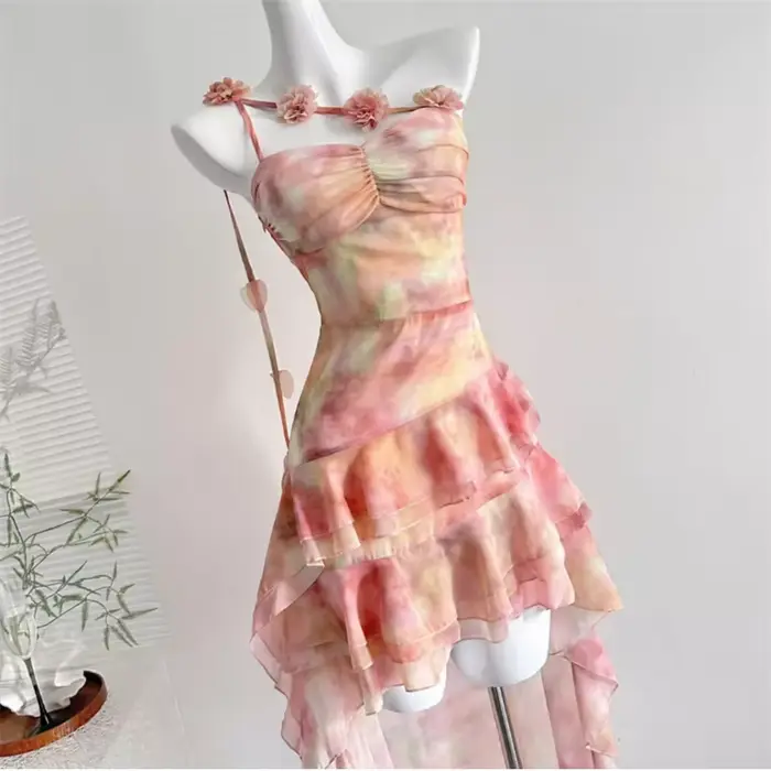 Nouvelle Robe Mini en Chiffon à Volants Irréguliers Imprimé Floral Style Vacances