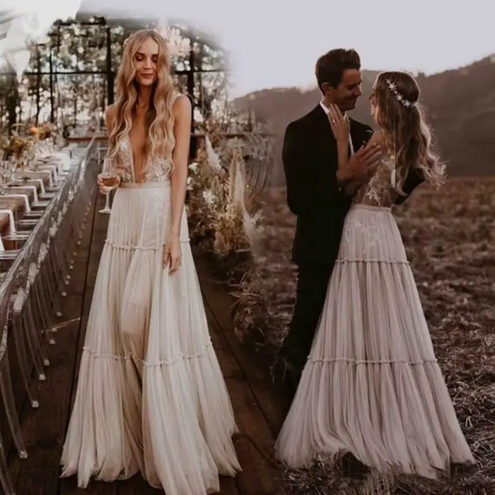 Robe de Mariée Bohème Vintage Sur Mesure Sexy Décolleté V Profond Dos Nu Style Country