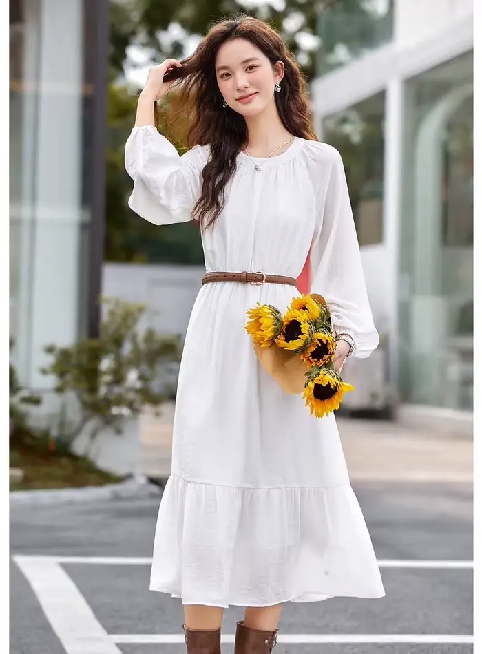 Robes longues VIMLY pour femme, collection automne 2026, robe blanche trapèze élégante à col rond, v
