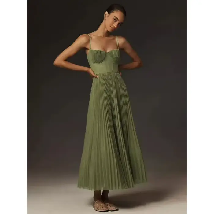 Robe de soirée sexy KIDCRKJ élégante plissée grande jupe évasée taille haute à bretelles longue tendance chic pour fête cocktail
