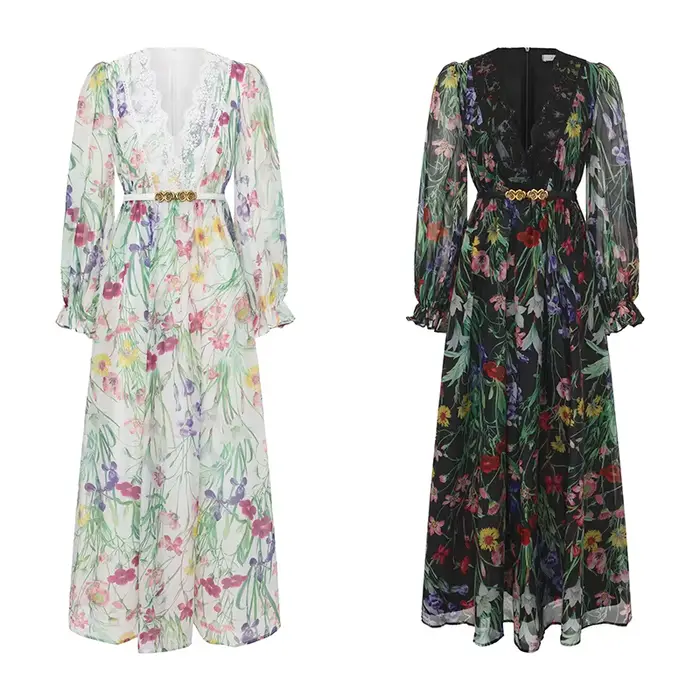 Robe de soirée longue élégante de style français vintage pour femmes, robe à manches évasées, col en V, dentelle imprimée, robe chic pour les vacances, les fêtes