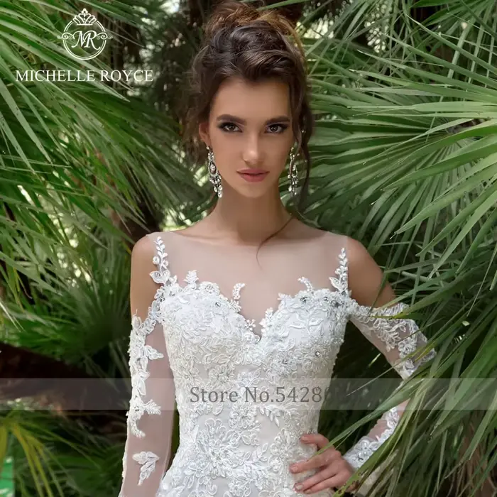 Michelle Royce sirène robes De mariée Sexy chérie Illusion Appliques bouton chapelle Train