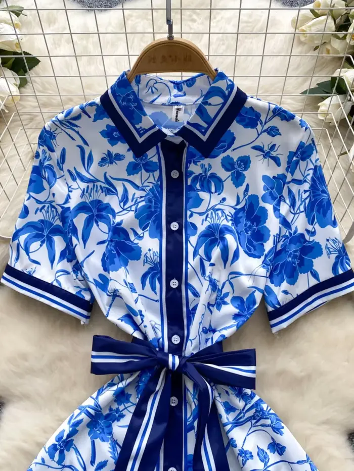 Robe d'été chic européenne pour femmes, imprimé, col rabattu, manches courtes, robe trapèze à lacets, occassions spéciales et quotidiennes