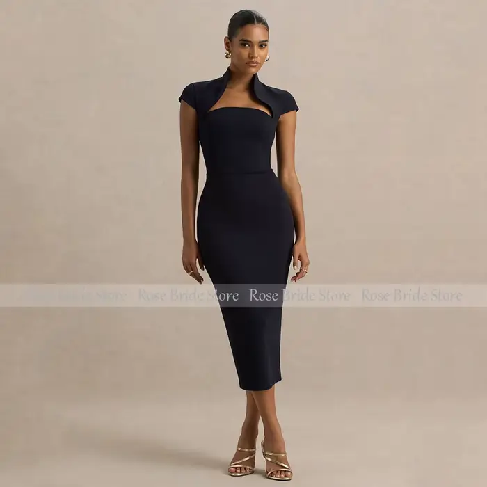 Robes de Cocktail colonne pour femmes, manches cape, longueur thé, gaine, mi-longue, noire, Simple,
