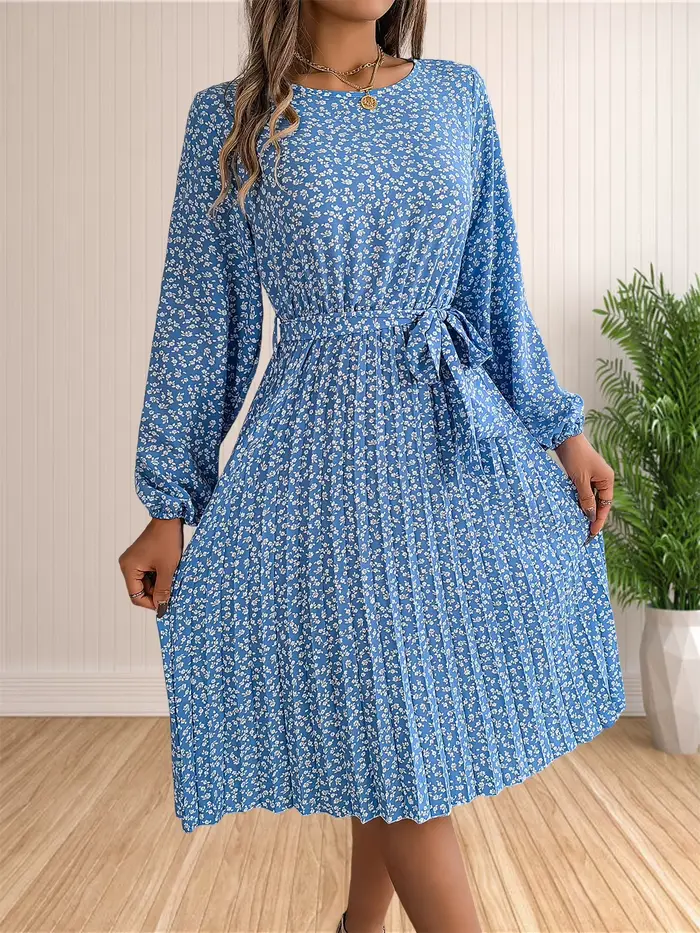 Robe plissée à manches longues imprimée floral style bohème pour femmes occasions spéciales automne hiver