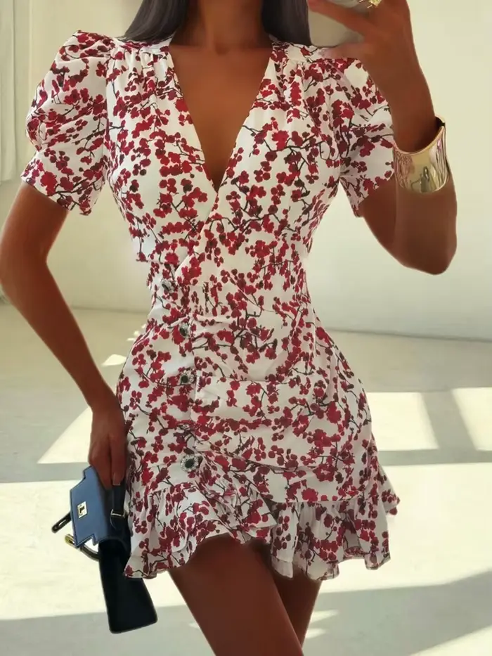 Robe d'été décontractée pour femme à taille haute, style bohème, mini-robe de plage à volants, imprimé floral vintage, robe de soirée à manches courtes
