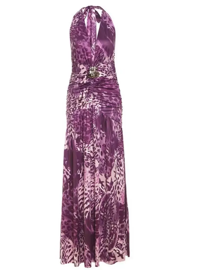 Robes maxi à imprimé léopard violet pour femmes Tenue de plage d'été Décoration métallique Sexy Vestido Feminino Col en V Robe longue Femme É ‌ thé