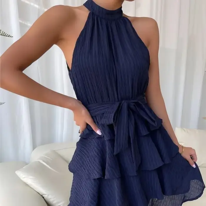 Femmes rouge Mini robe robes 2025 été mode Sexy Style licou sans manches à volants bord attaché femme