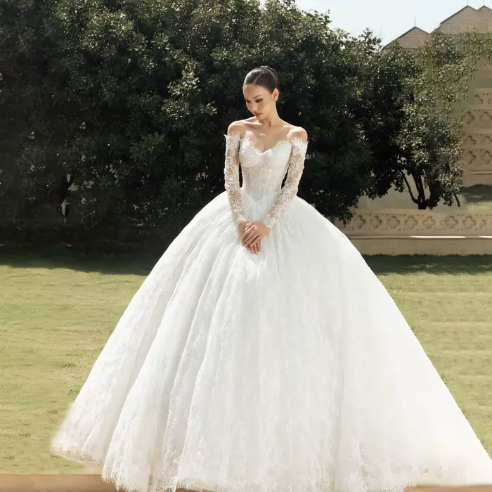 Robe de mariée en dentelle, coupe A-line, épaules dénudées, manches longues, bustier, longue traîne,