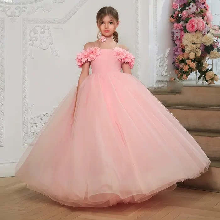 Robe de Demoiselle d'Honneur Rose en Tulle pour Fille