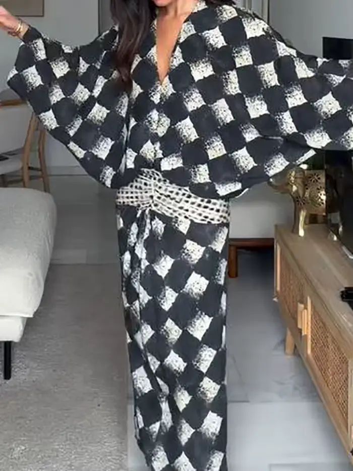 Robe longue décontractée à manches chauve-souris et patchwork