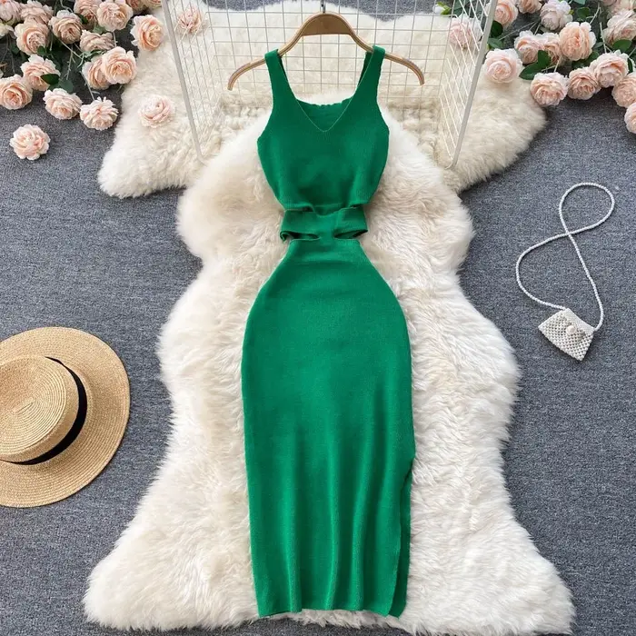 Femmes robe Sexy découpé taille paquet hanches fendu