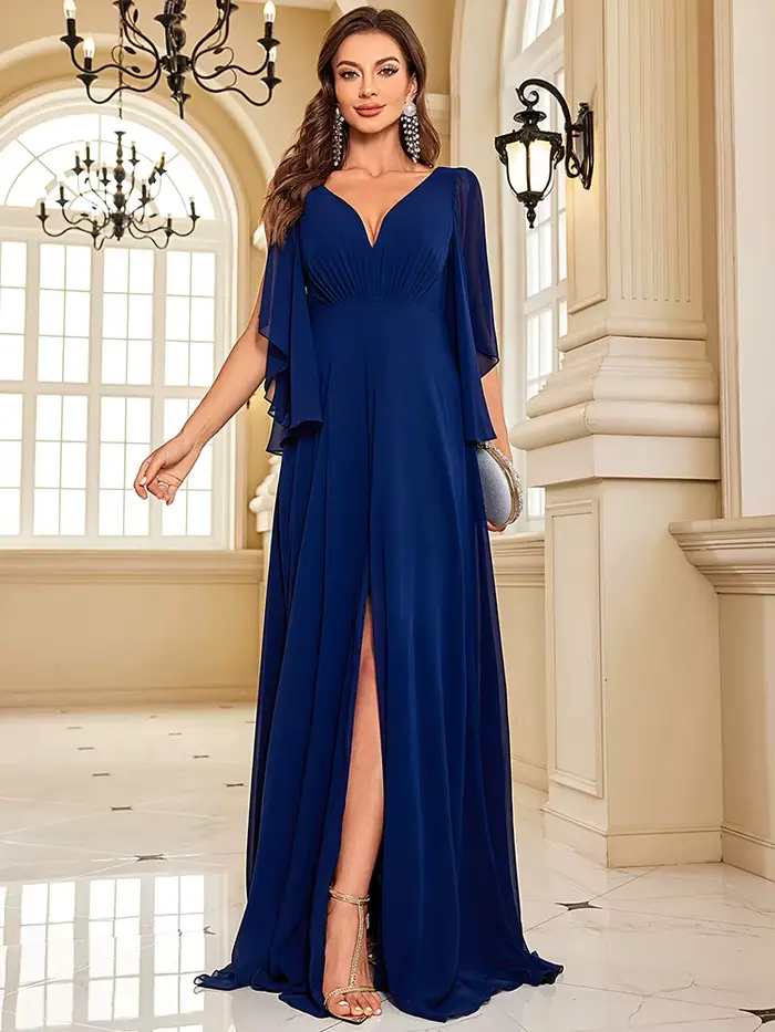 Robes de soirée Lucyinlove en mousseline de soie de luxe, à fente, manches courtes, bleu marine, fen