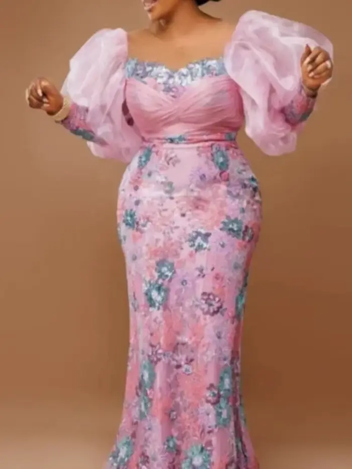 Robe de Soirée Africaine Rose à Manches sulfpour Femme