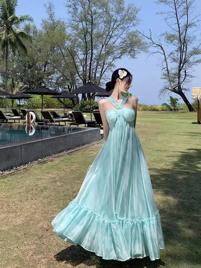 Robe longue sans bretelles pour femmes, superbe Style vacances en bord de mer, bleu, col licou, nouv