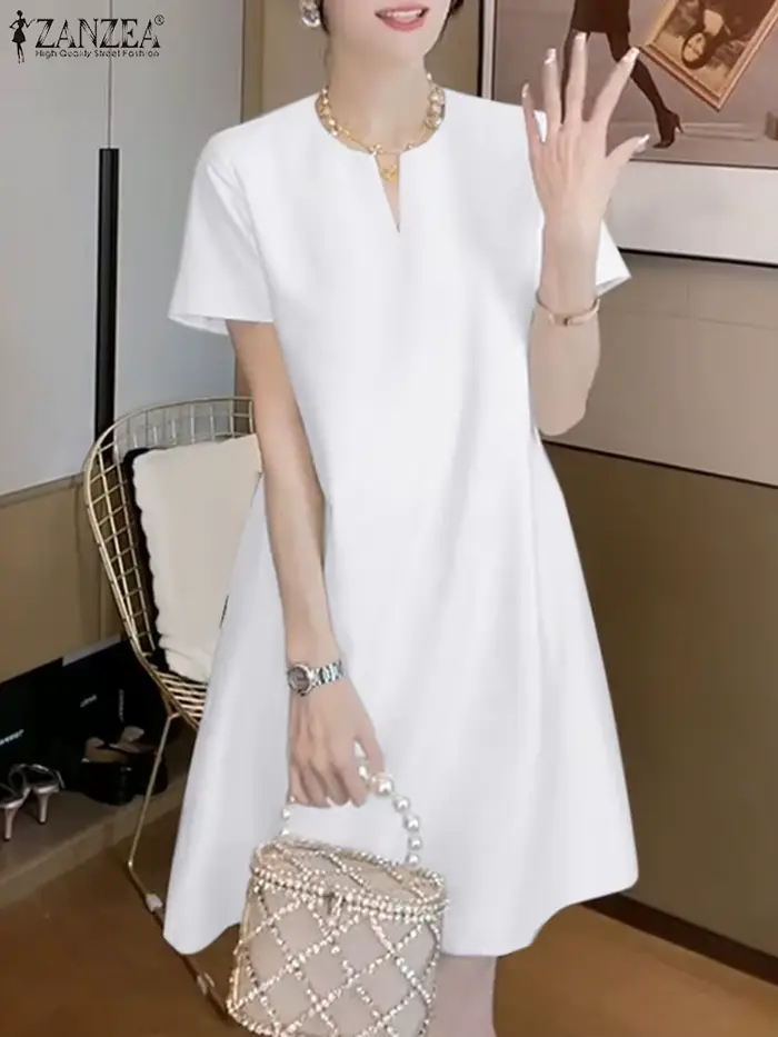 Robe en polyester ZANZEA élégante col en V à manches courtes pour femmes, occasions spéciales et quotidienne