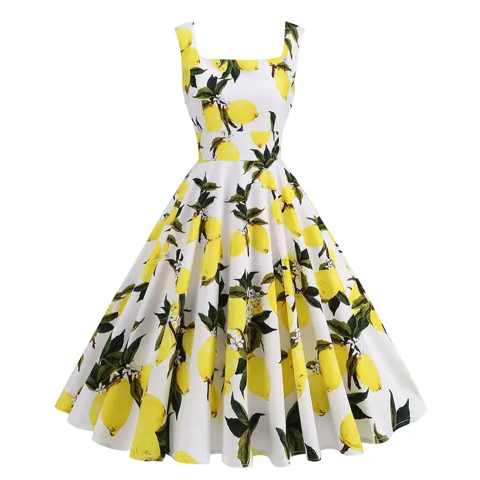 Robe d'été vintage style Hepburn à imprimé citron, taille haute, années 50-60, pour femme, collectio