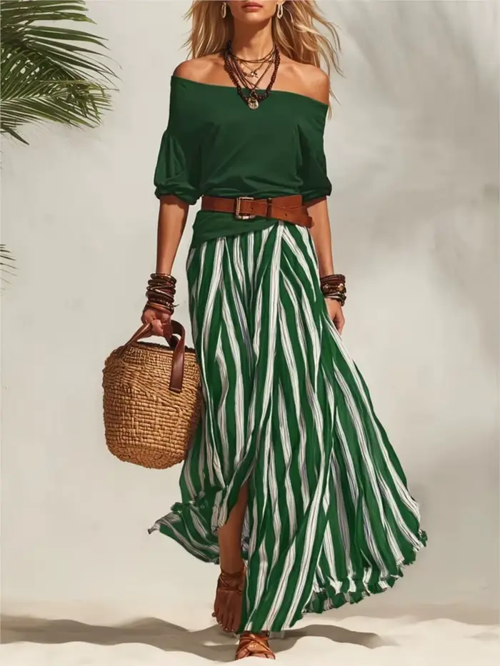 Ensemble deux pièces élégant pour femme haut sexy à épaules dénudées et jupe longue rayée fendue pour les vacances et soirées chic