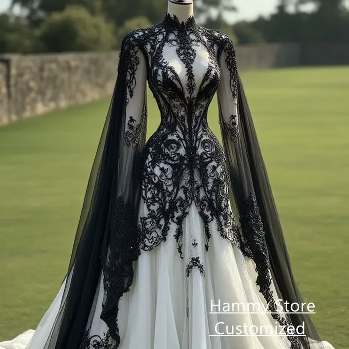Robe de mariée gothique en dentelle noire avec appliques personnalisables col haut manches chauve-souris train de balayage pour cérémonies sombres et soirées de gala