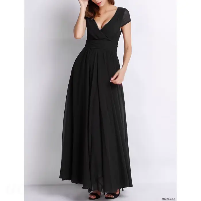 Robe de soirée de bal en mousseline de polyester, col en V, plissé, manches courtes, élégante pour femmes, soirées officielles, occasions spéciales