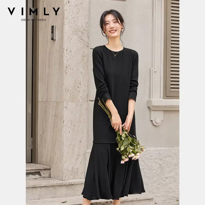 Robe longue VIMLY pour femme, collection automne 2026, décontractée, noire, à empiècements, coupe trapèze, élégante, à manches longues, pour occasions spéciales et vie quotidienne