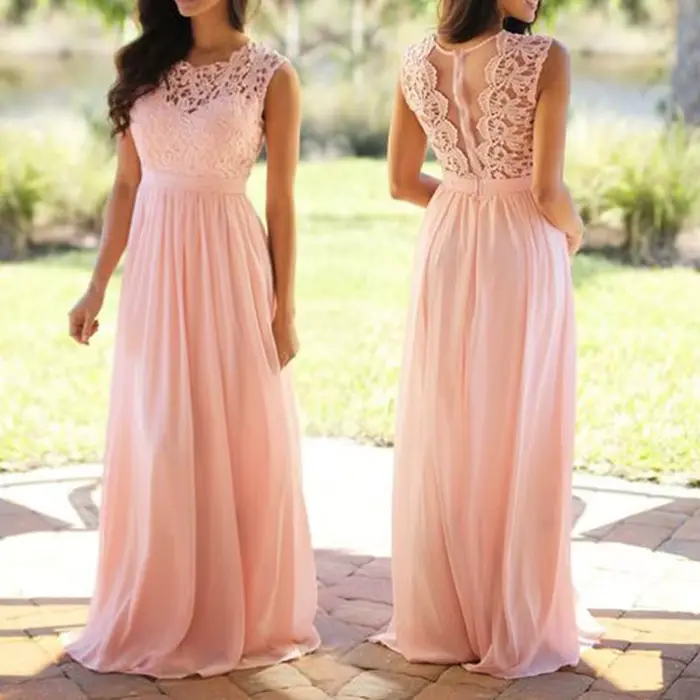 Robe de Demoiselle d'Honneur en Dentelle Rose