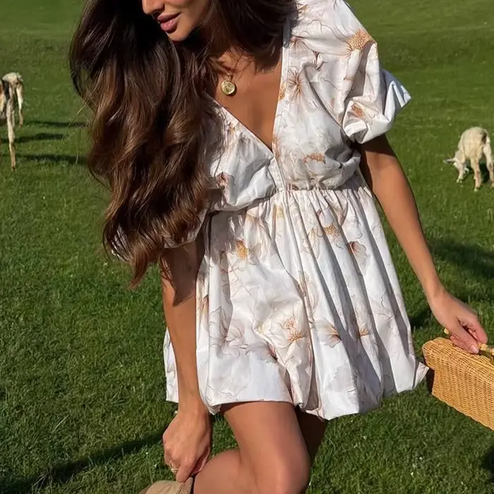 Robe de soirée plissée ample à manches bouffantes pour femme élégante imprimé floral décolleté en V profonde pour occasions spéciales