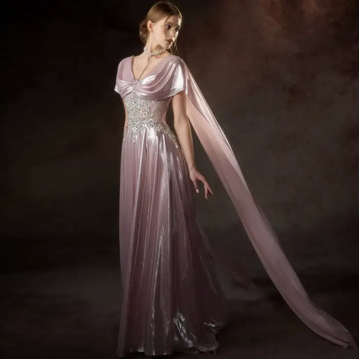 Robe de soirée sexy en organza à col en V, élégante, ornée de perles, avec traîne Watteau en cristal